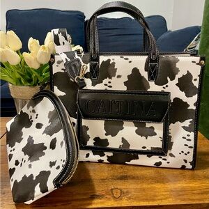 New Brown and White Cow Print Women's Bag Set